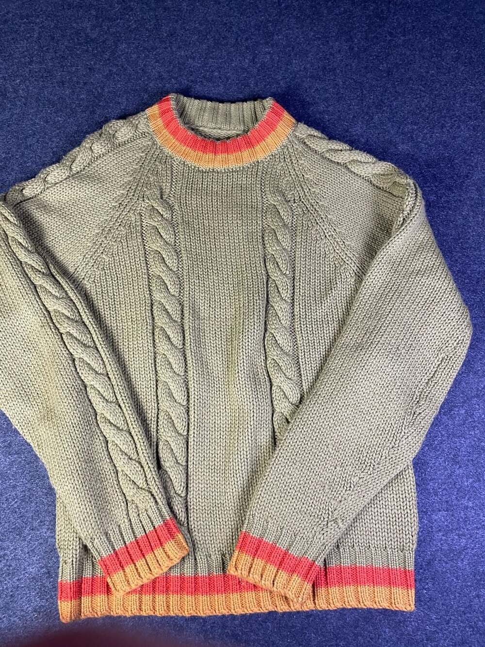 Vintage Chunky Cable Knit Pullover Sweater Gray Orange Red Wool
